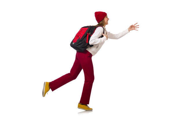 Funny student with backpack isolated on white - 写真・画像