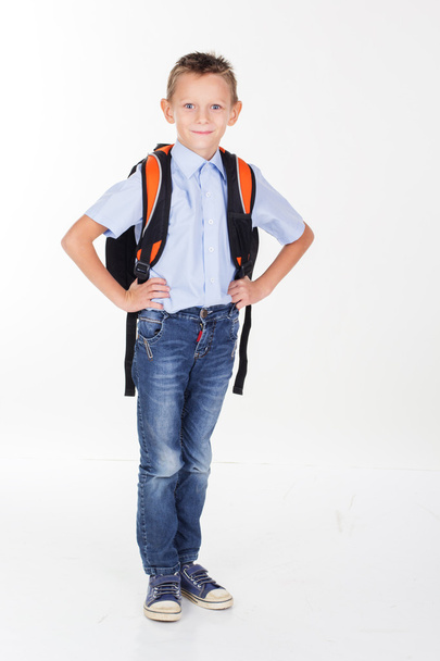Serious school boy isolated on white - Foto, afbeelding