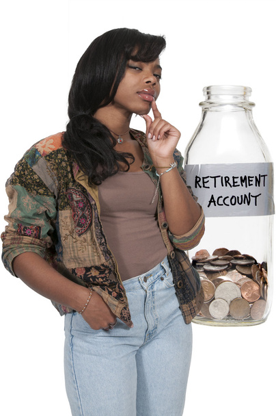 Γυναίκα να σκεφτόμαστε συνταξιοδοτικής αποταμίευσης - Φωτογραφία, εικόνα
