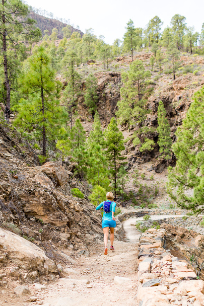 Ευτυχισμένη γυναίκα trail running μέσα όμορφα βουνά - Φωτογραφία, εικόνα