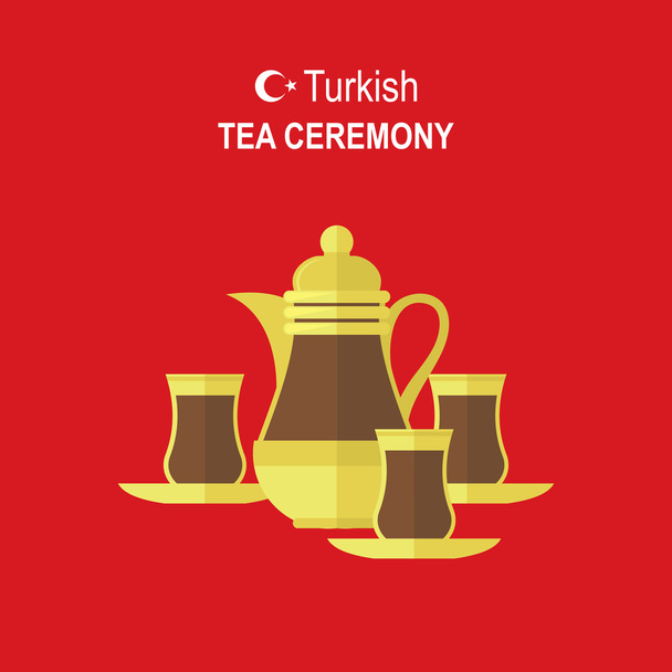 Turecká tradiční čajový set na červeném pozadí. Plochá moderní ilustrace koncept pro potraviny design - Vektor, obrázek