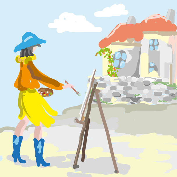 Meisje in blauwe hoed schetst een beeld van een oud huis. - Vector, afbeelding