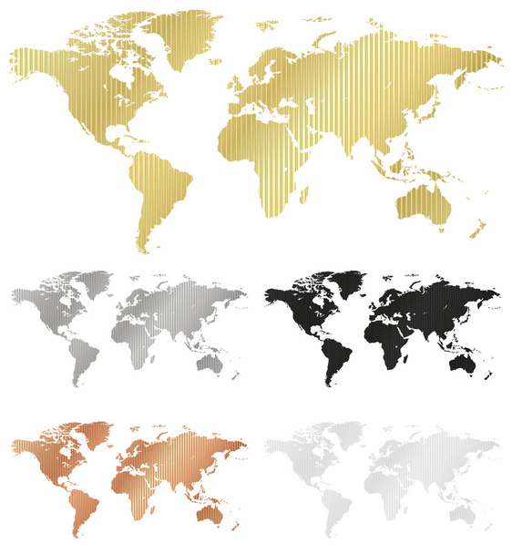 mapa vectorial del mundo hecho de corrugado metal cobre oro plata blanco negro - Vector, imagen