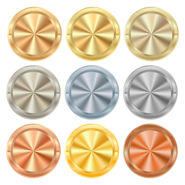 Vector conjunto de perillas redondas de diferentes clases de metales oro plata platino cobre bronce latón aluminio con círculos centrados en - Vector, imagen