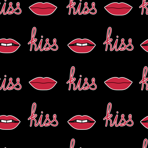 Векторный бесшовный рисунок с красными губами и поцелуем слова
 - Вектор,изображение