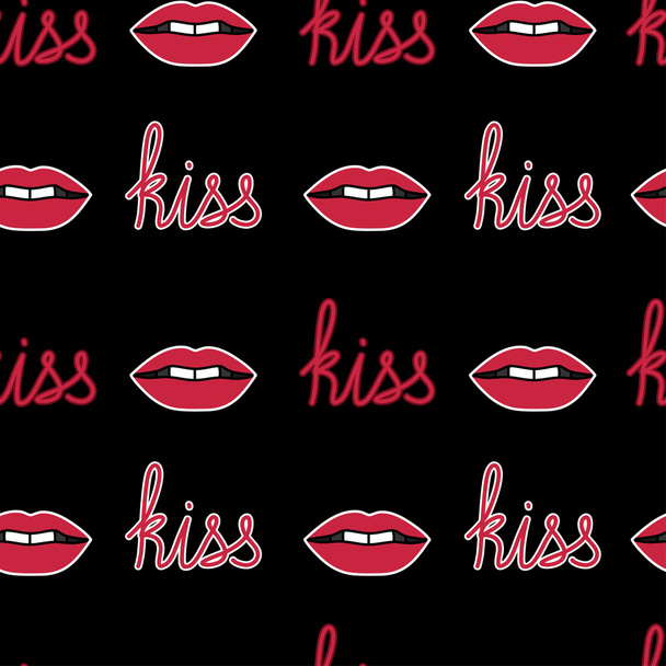 Vector seamless pattern with red lips and word kiss - Vector, Image