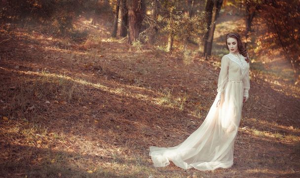 bela menina em um longo e suave acenando vestido brilhante fica na floresta de outono. Noiva em uma caminhada
. - Foto, Imagem