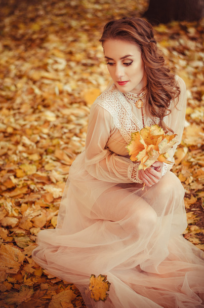 menina bonita com e cabelo trançado e um buquê de folhas de outono nas mãos, um vestido longo suave
 - Foto, Imagem