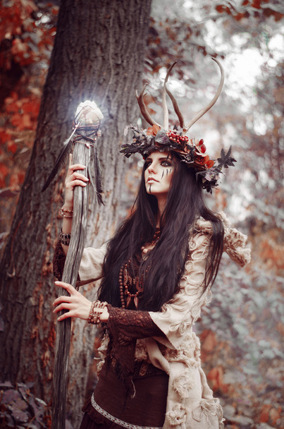 belle brune au visage peint, vêtue de chaman, une couronne florale sur sa tête et ses cornes, tenant un bâton en bois éclatant, dans les bois
 - Photo, image