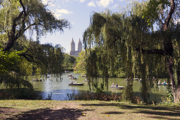 people row in boats on new york city central park pond near boat - Photo, Image