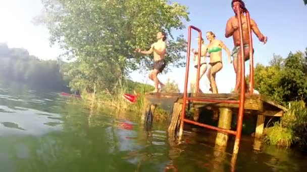 vrienden lopen en springen in de rivier - Video