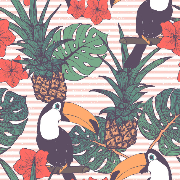 Seamless pattern with toucans pineapple and tropical leaves in vector - Vector, afbeelding