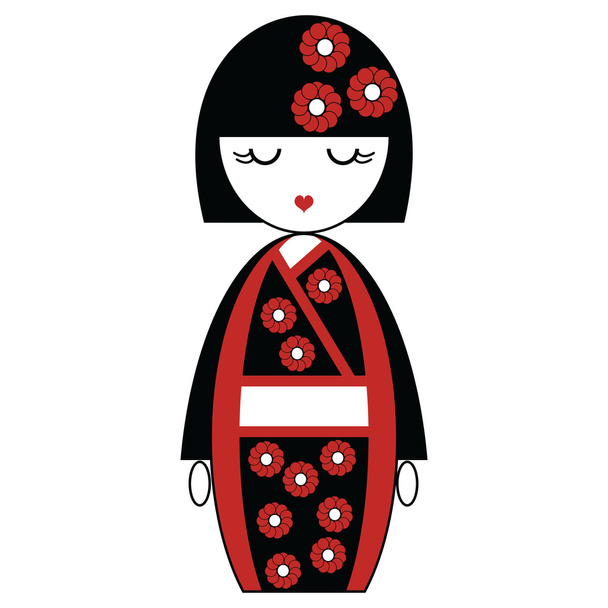 Japonský Geisha panenka s černou a červenou kimono s květy - Vektor, obrázek