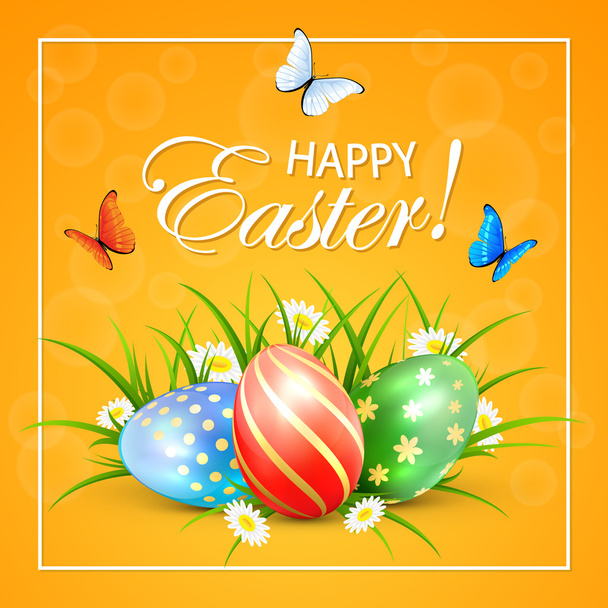 Easter eggs and butterflies on orange background - Vetor, Imagem