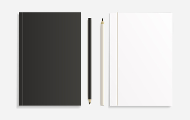 Realistic black notebook with pencil and template blanks, vector - Vector, Image