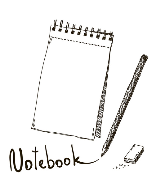 Schets van notebook met potlood en gum, vector - Vector, afbeelding