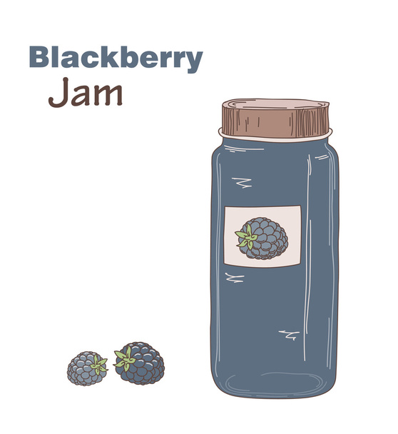 Blackberry jam in jar with two blackberries, vector - Vector, Image