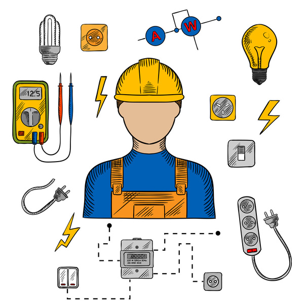 Electrician man, tools and equipment - Vector, Image