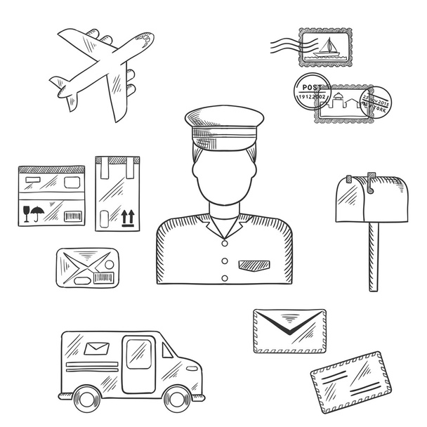 Postman and shipping sketch icons - Vector, Image