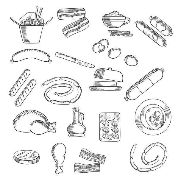 Pikaruoka, välipalat ja liha piirretyt kuvakkeet
 - Vektori, kuva