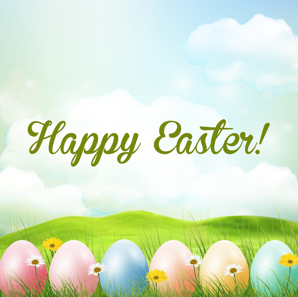 Spring meadow background with easter colorful eggs - Διάνυσμα, εικόνα