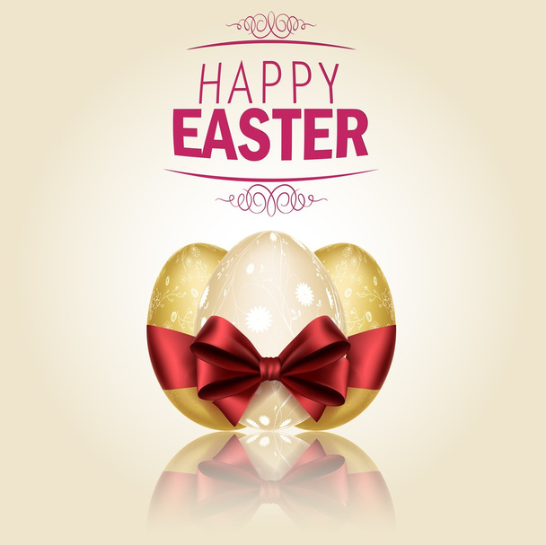 Three Golden Easter eggs with ribbons on brown background - Vetor, Imagem