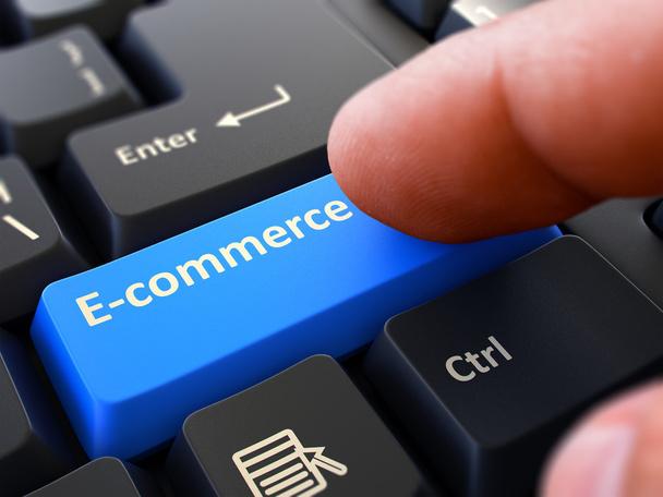 E-Commerce - Clicking Blue Keyboard Button. - Foto, afbeelding