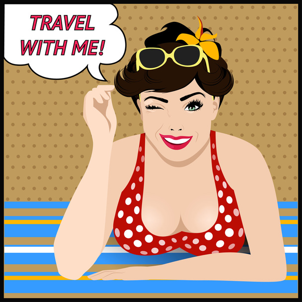 Cartel de viaje con pop art guiño mujer
 - Vector, imagen