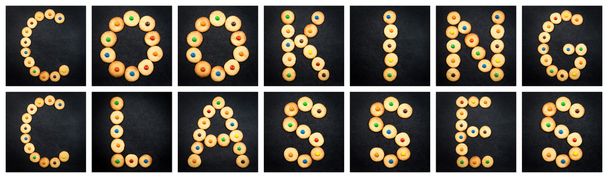 Collage de la lettre majuscule - mots COOKING CLASSES. Alphabet cookies faits maison colorés et enfantins
 - Photo, image
