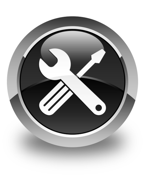 Ícone de ferramentas brilhante botão redondo preto
 - Foto, Imagem