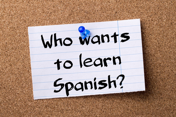 Who wants to learn Spanish? - teared note paper pinned on bullet - Fotografie, Obrázek