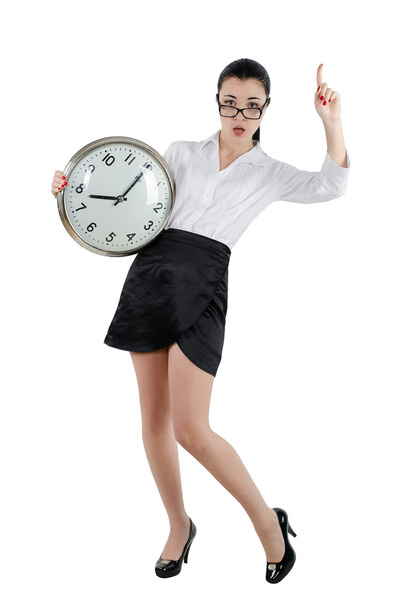 Mulher de negócios segurando um grande relógio
 - Foto, Imagem