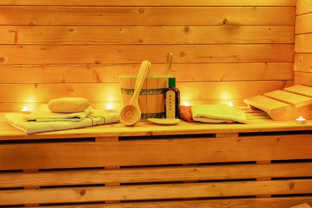 Relaxe Sauna Natureza morta com acessórios de sauna
 - Foto, Imagem