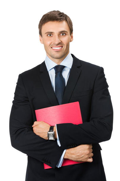 Business man with folder, on white - 写真・画像