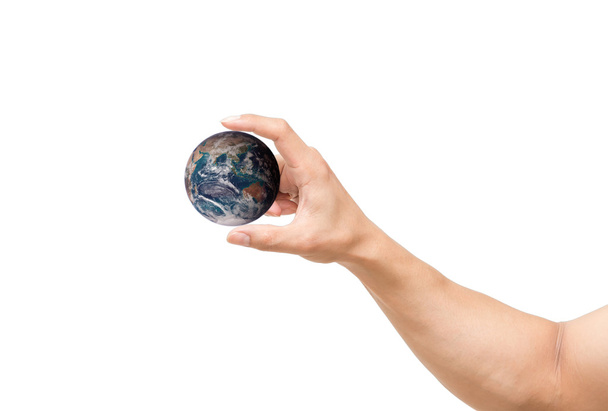 man hand catching the earth on white background, include clipping path, Elements of this image furnished by NASA - Foto, Imagen