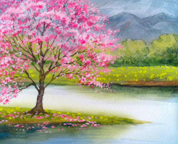 Watercolor landscape. Flowering pink tree by lake - Photo, Image