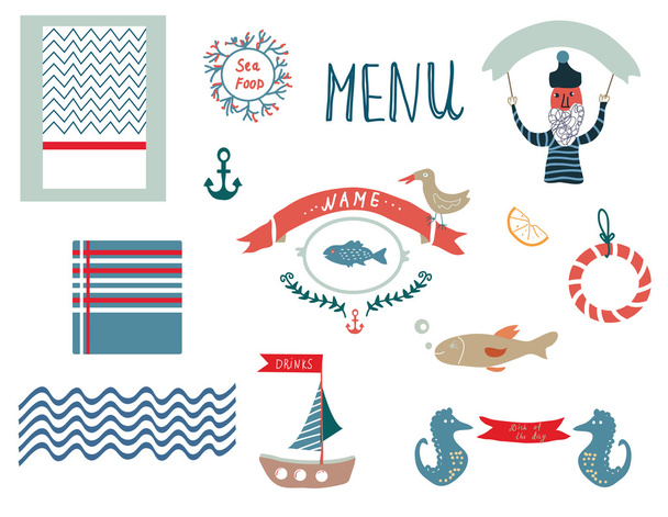 Fish restaurant menu design elements in funny style - vector - Vetor, Imagem