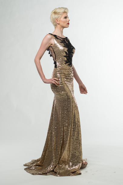 Woman Beauty Long Fashion Dress, Elegant Girl In Gold Gown - Foto, Imagem