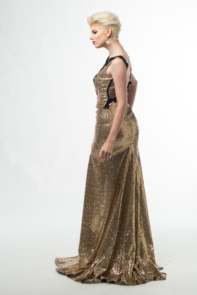 Woman Beauty Long Fashion Dress, Elegant Girl In Gold Gown - Photo, image