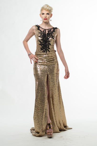 Woman Beauty Long Fashion Dress, Elegant Girl In Gold Gown - Foto, Imagen