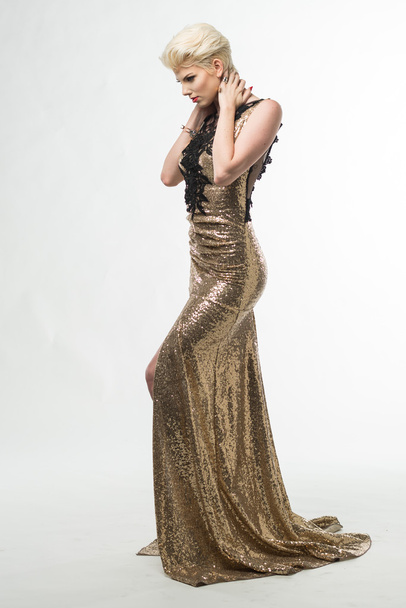 Woman Beauty Long Fashion Dress, Elegant Girl In Gold Gown - Foto, Imagen