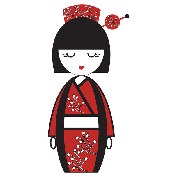 Oosterse Japanse geisha pop met kimono met oosterse bloemen en stok met ronde element geïnspireerd door de Aziatische traditie - Vector, afbeelding