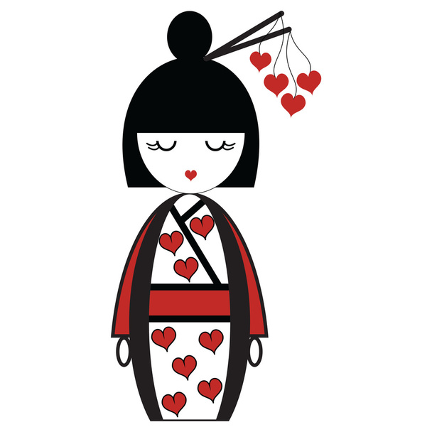 Orientální japonské gejši panenka s kimono s orinetal vlasy drží srdce prvky - Vektor, obrázek