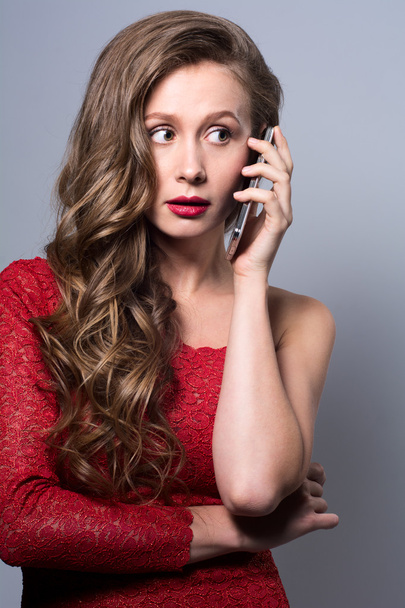 Isolated portrait of young woman phone call. - Fotó, kép
