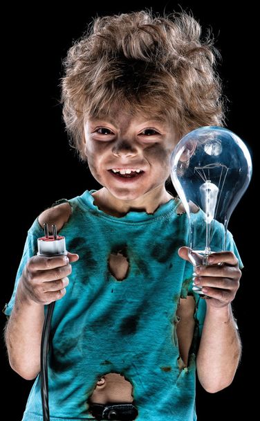 Funny little electrician with lightbulb - Фото, зображення