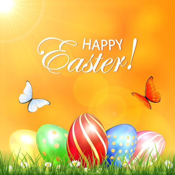 Butterflies and colored Easter eggs in a grass - Vetor, Imagem