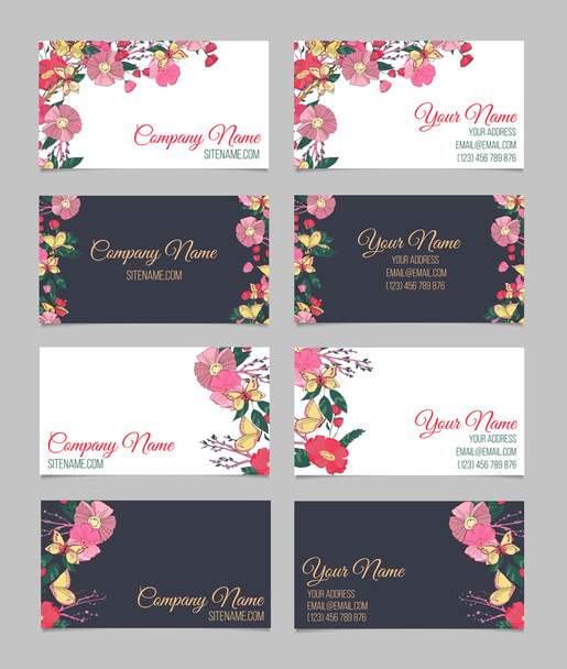 Set of four double-sided floral business cards - Vector, Image