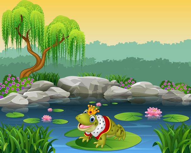 Carino re rana seduto sull'acqua giglio
 - Vettoriali, immagini