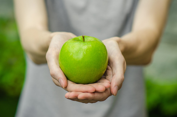 Vegetarians and fresh fruit and vegetables on the nature of the theme: human hand holding a green apple on a background of green grass - Fotó, kép