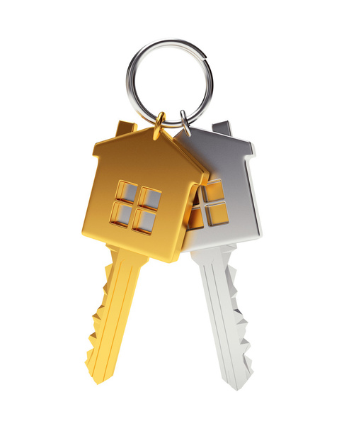 Bunch of golden and silver house-shape keys on a key ring - Foto, imagen
